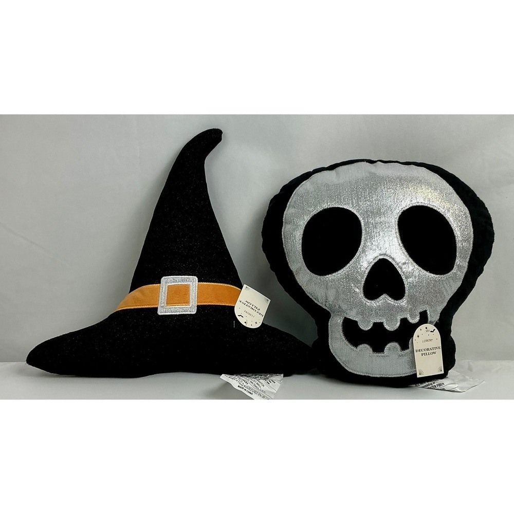 Halloween Decorative Pillow Set Witch Hat & Silver‎ Skull Plush New Soft & Comfy